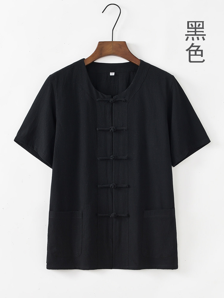 CHINESE STYLE TANG COSTUME SHORT SLEEVE MENS CHINESE STYLE THIN COTTON COLLARLESS LOOSE HALF-SLEEVED HANFU LAY CLOTHES RETRO DAD CLOTHES