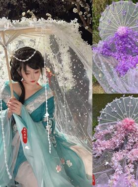 古风汉服手持粘花纱伞写真仙气