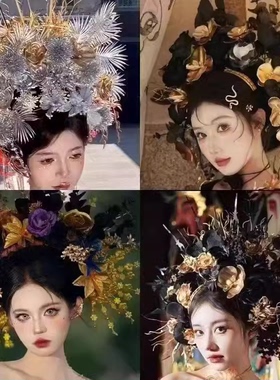 泉州2024新款发箍爆款头饰民族礼服汉服黑色仿真花簪花写真手工