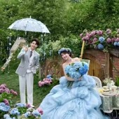 外景森系婚纱照道具蓝色绣球花朵弓箭粉色粘花蕾丝蝴蝶结竹木弓箭