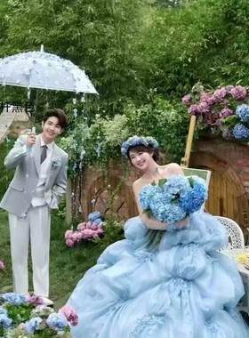 外景森系婚纱照道具蓝色绣球花朵弓箭粉色粘花蕾丝蝴蝶结竹木弓箭