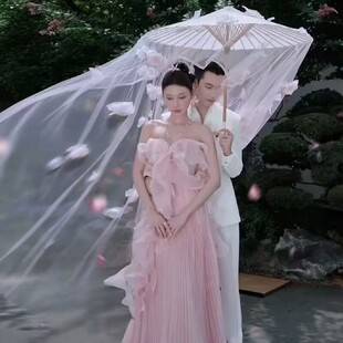 新中式影楼婚纱摄影道具白纱粘花伞国风舞蹈走秀装饰伞白色大布伞