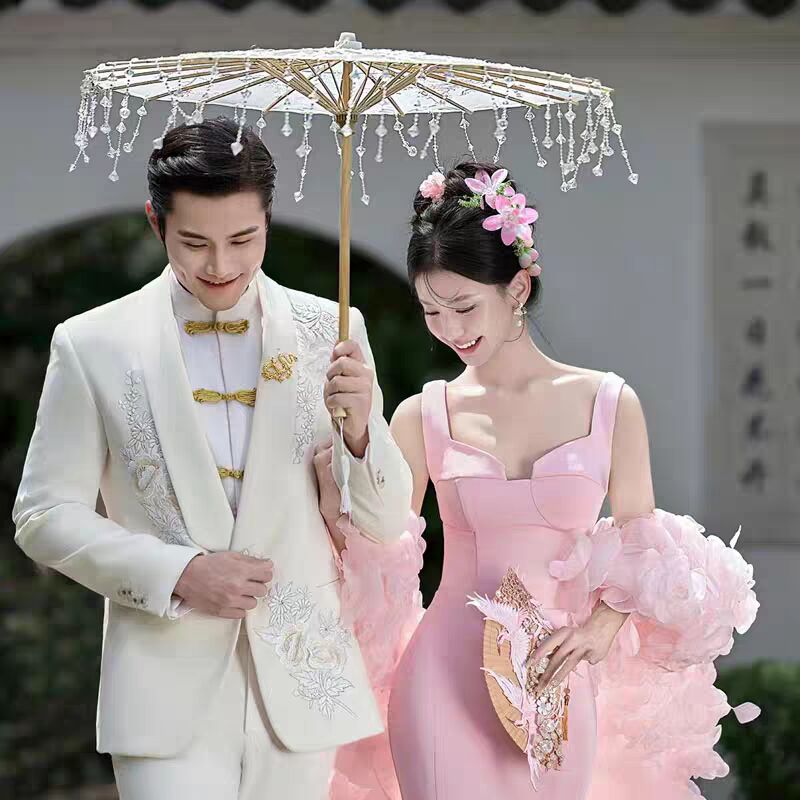 中国风汉服拍照道具粉色丝带流苏伞外景婚纱照簪花捧花扇子花伞