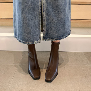 法式气质咖色方头粗跟韩系小踝靴平头瘦瘦靴高跟小短靴女春秋单靴
