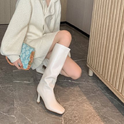 白色长靴女秋冬2024新款真皮方头高跟细跟时尚百搭不过膝高筒女靴