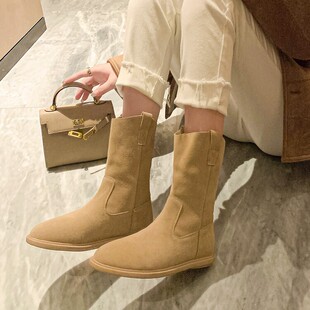 卡其色真皮平底韩系小短靴女春秋单靴软底中筒西部牛仔靴翻毛皮靴