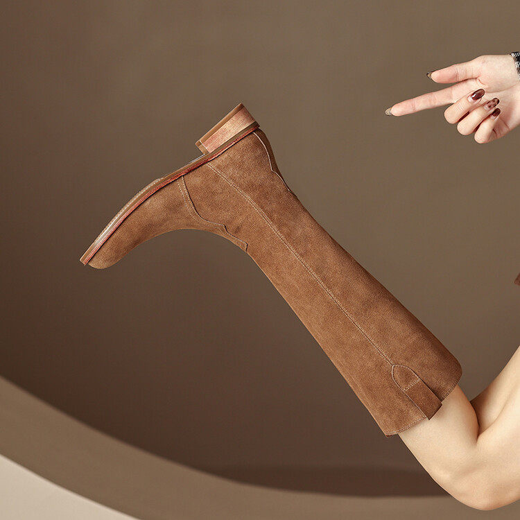 棕色长靴真皮磨砂翻毛皮平底尖头高筒靴秋冬季加绒小码女靴33粗跟