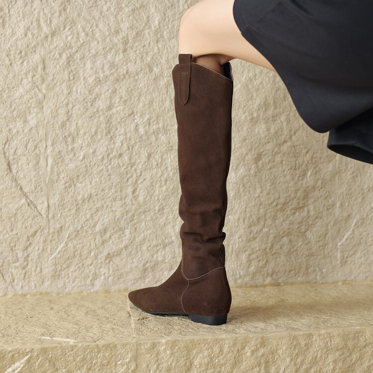 法式复古咖啡色堆堆靴磨砂真皮西部牛仔靴秋冬高筒靴女靴子长筒靴