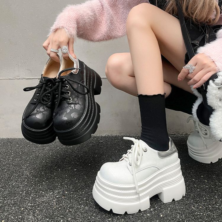 真皮小个子女增高单鞋百搭松糕系带休闲乐福鞋厚底超高跟小皮鞋