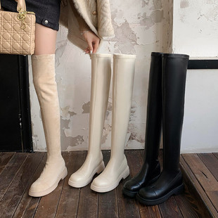 过膝长靴女秋冬白色高筒靴子弹力高个子骑士靴大码女靴厚底长筒靴