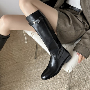 真皮棕色金币平底中筒高筒骑士靴女加绒圆头宽筒直筒长靴女靴子女