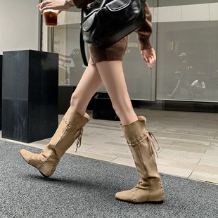 巨好看真皮内增高褶皱堆堆靴长筒靴子女2025新款爆款卡其色高筒靴