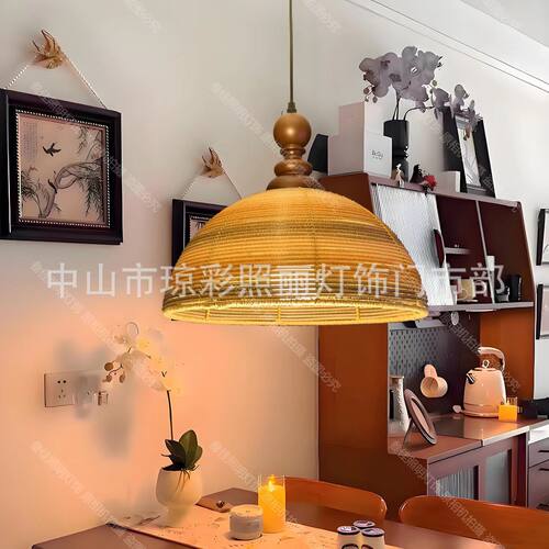 宋式复古原木绳餐吊灯三色光