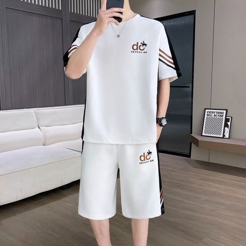 夏季新款男生时尚套装撞色条纹印花设计初高中生百搭个性两件套