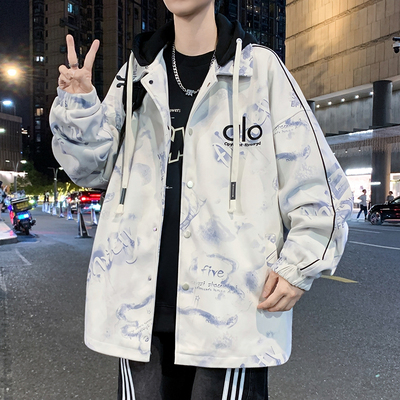 潮牌青少年秋季穿搭新款可脱卸帽夹克韩版印花男生宽松百搭外套
