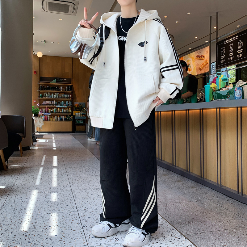 秋季新款青少年卫衣开衫两件套条纹撞色设计宽松个性百搭男生套装