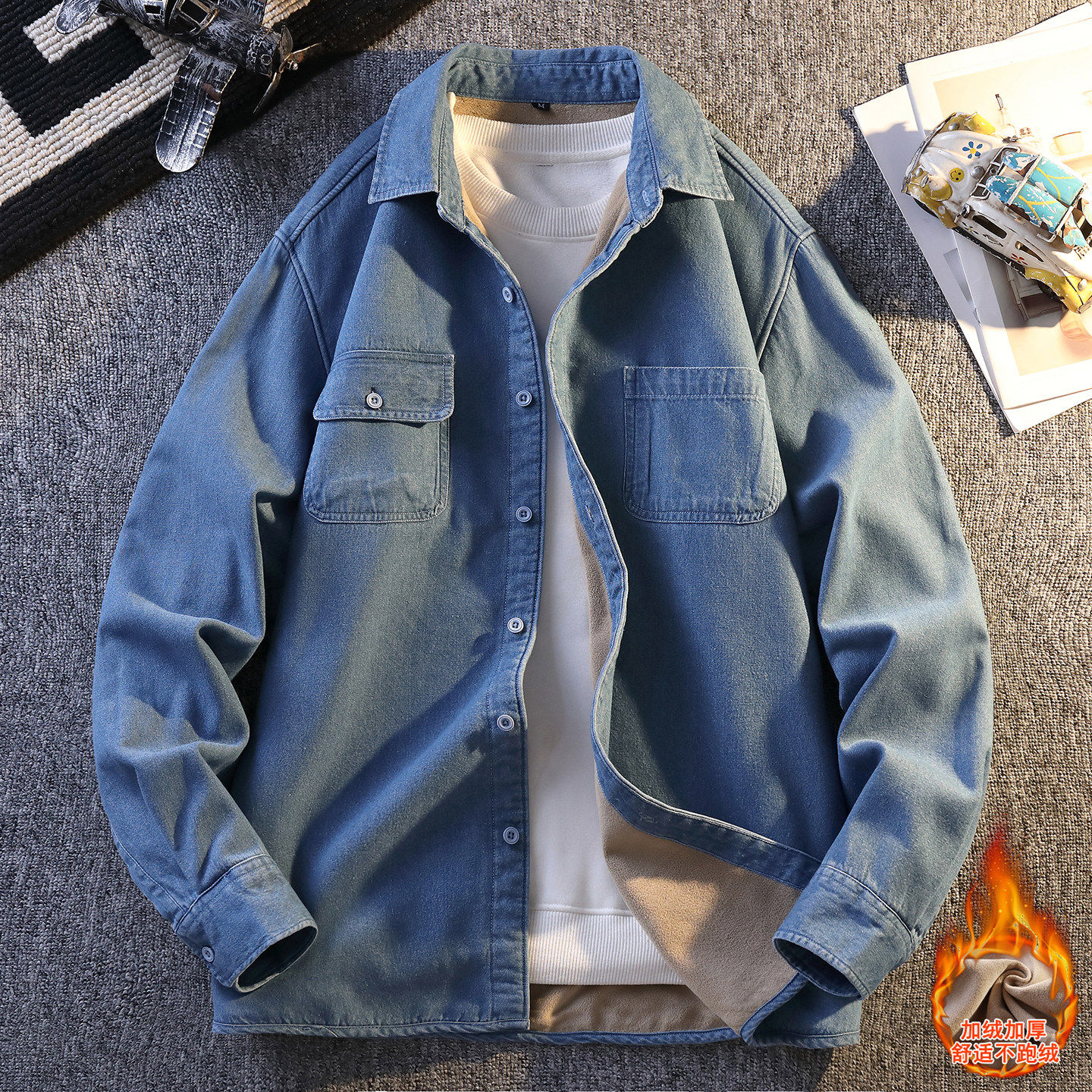 冬季高品质青少年翻领加绒加厚时尚潮流宽松百搭款牛仔衬衫外套,男装,牛仔外套,淘宝优惠券,粉丝福利购,淘宝优惠卷