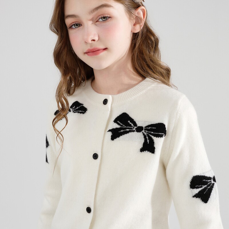 儿童羊绒衫卡通蝴蝶结羊毛开衫女男女童圆领纽扣毛衣外套打底上衣