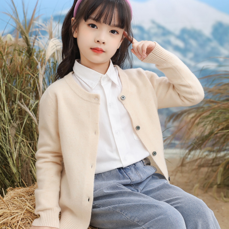 儿童羊绒衫100%纯羊毛男女童圆领加厚开衫中大童羊绒打底毛衣外套