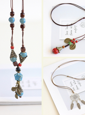 民族中国风手工编织陶瓷毛衣链时尚流行文艺女款百搭项链首饰163