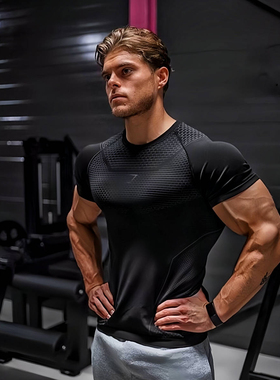 正品GYMSHARK ONYX4.0超级英雄短袖男士3D蜂窝速干高弹训练紧身衣