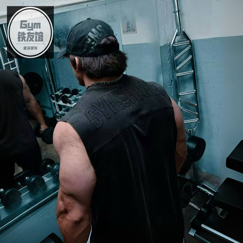 GYMSHARK POWER鲨鱼坎肩男健身刺绣水洗做旧重磅高弹棉质无袖背心