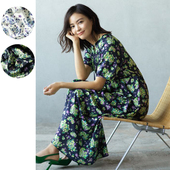 女裙浪漫春夏季 连衣裙Q19印花裙子花朵高腰裙女士夏装 款 长裙短袖