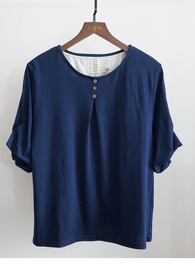 日系女士夏季短袖上衣洋气五分灯笼袖宽松圆领T恤深蓝7444通勤B34