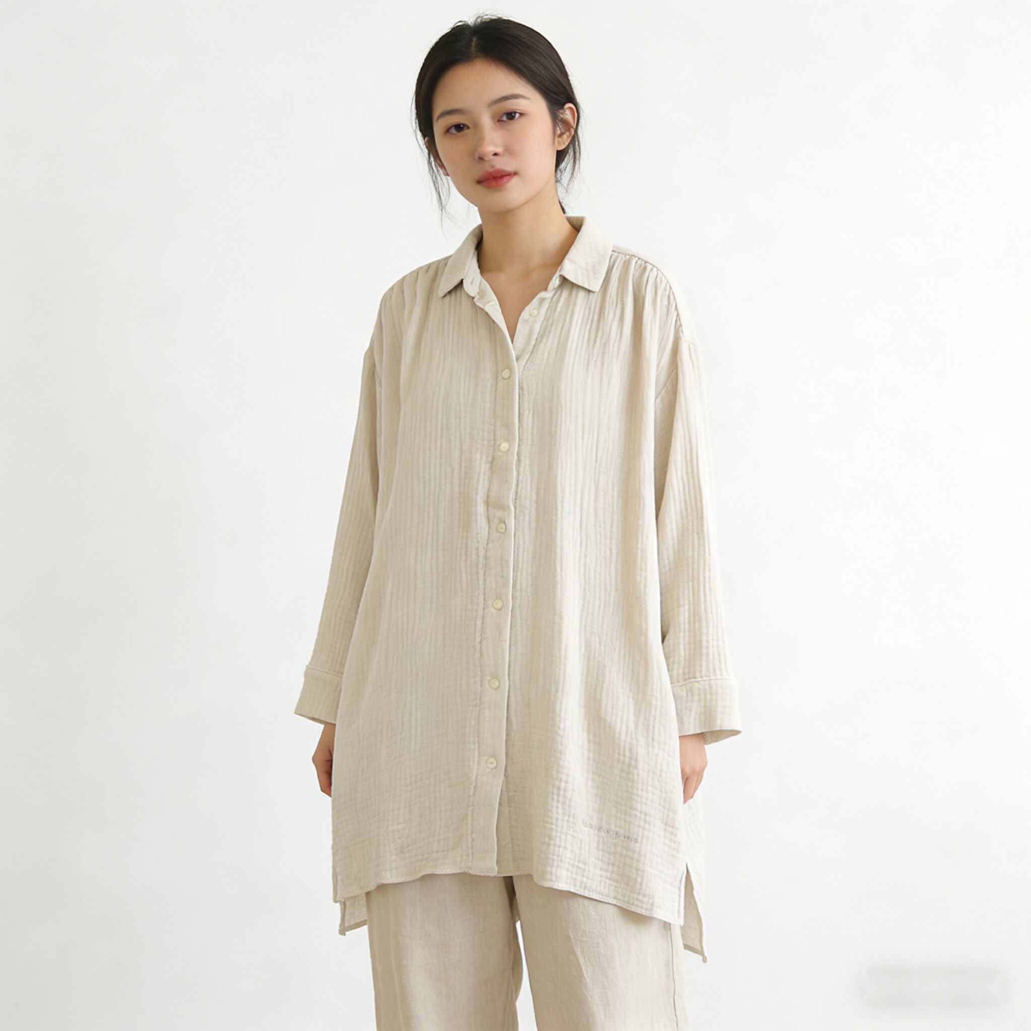 日系女士纯棉双层纱布棉纱线宽松长袖衬衫中长款家居服两用袖C05