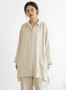 日系女士纯棉双层纱布棉纱线宽松长袖衬衫中长款家居服两用袖C05