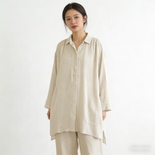 日系女士纯棉双层纱布棉纱线宽松长袖 中长款 家居服两用袖 C05 衬衫