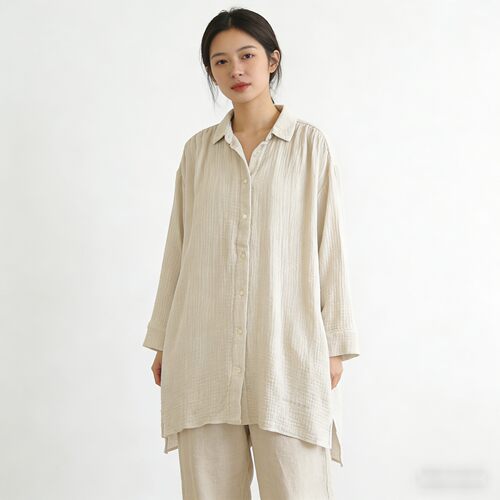 女士纯棉纱布宽松长袖衬衫家居服