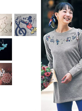 日系千家新款女士长袖印花中长款卫衣外套女装上衣宽松大码S77