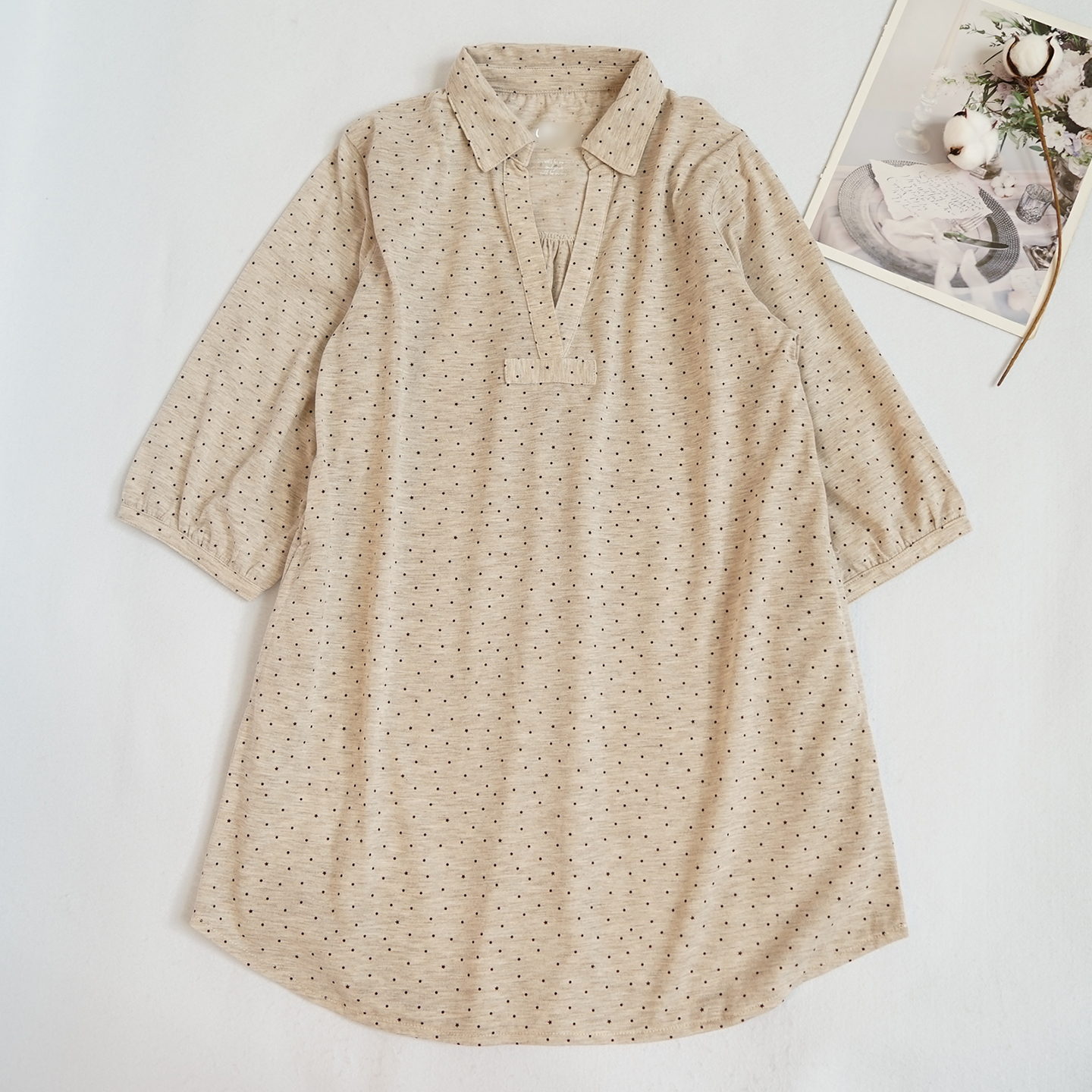 衬衫领v领春夏五分袖宽松中长款