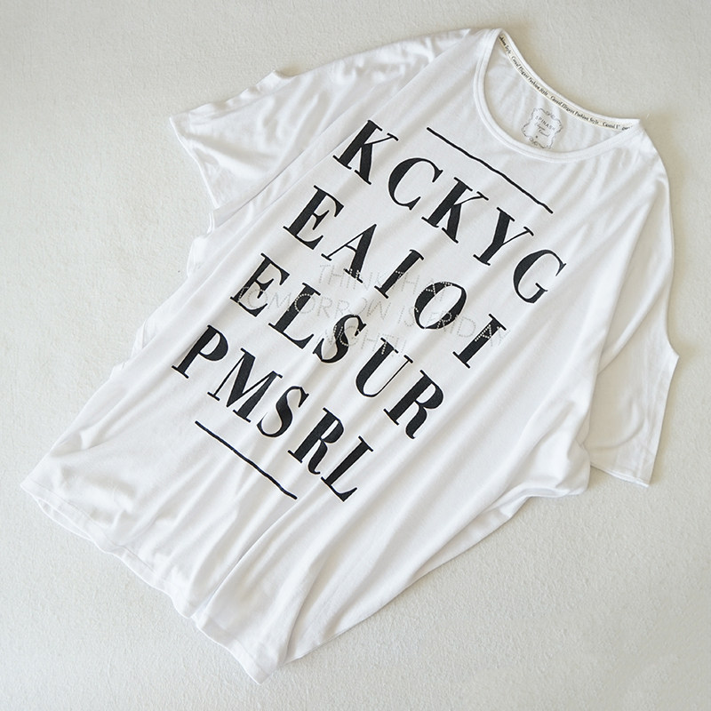 中长款短袖T恤女士气场裙衫宽松字母大码日系女装白色文化衫7344