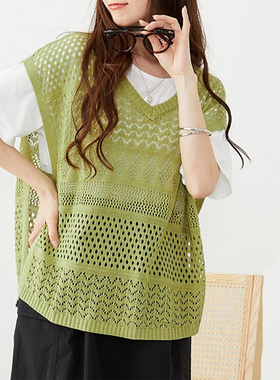 新款镂空针织马甲背心V领针织衫马夹外搭M63设计感大码女装上衣