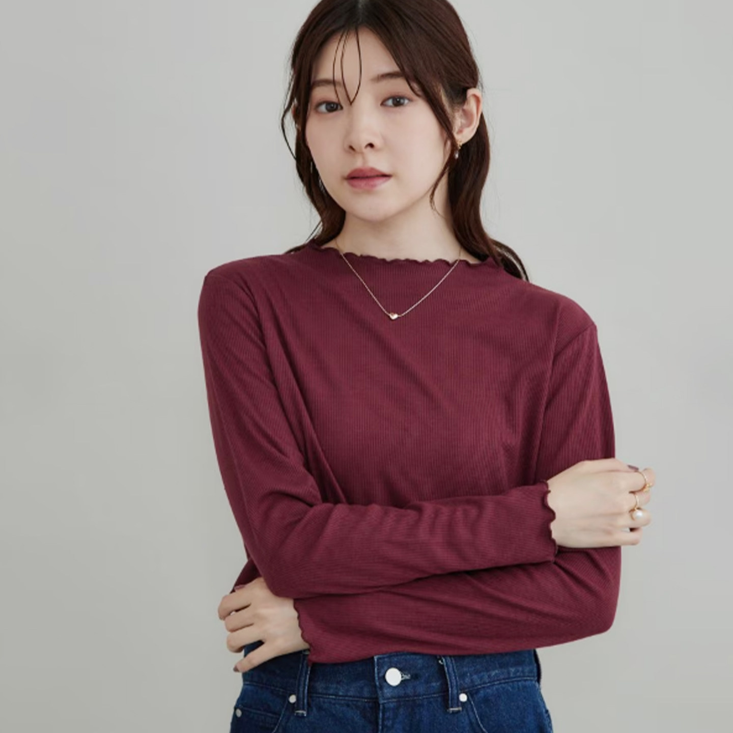 日系木耳边打底衫女士坑条弹力长袖内搭修身显瘦百搭纯色上衣T612