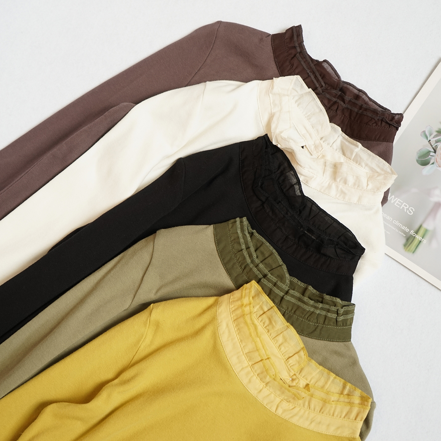 全棉纯棉长袖花边领T恤打底衫