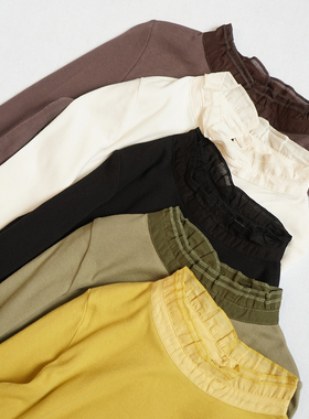 新款全棉软糯纯棉长袖T恤女士通勤上衣花边领纯色内搭外穿T518