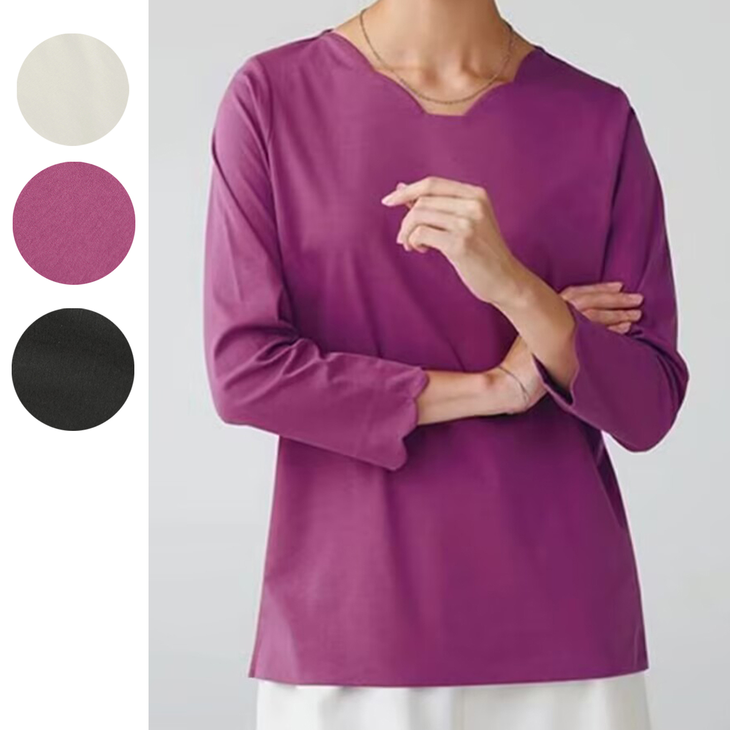 别致花型领口丝光棉女士上衣