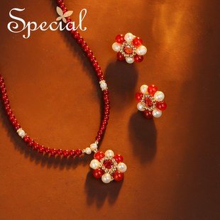 SPECIAL淡水珍珠红玛瑙套装项链S925银针耳饰女宫殿风2026新礼物
