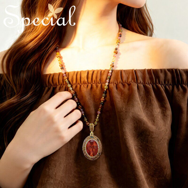 SPECIAL欧美轻奢时尚长款毛衣链项链女碧玺镶嵌饰品2026新款礼物