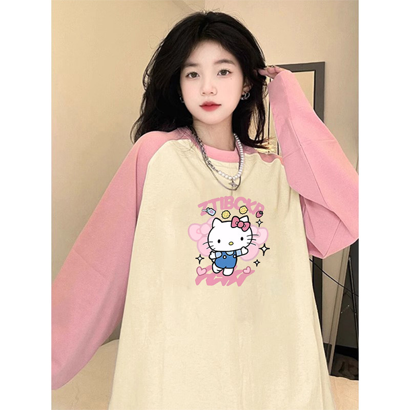 Hellokitty凯蒂猫插肩拼色长袖T恤大码女装甜美百搭打底上衣ins潮