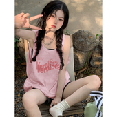 海边多巴胺运动吊带无袖 新款 T恤上衣 粉色宽松背心女外穿夏季 美式