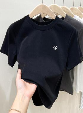 正肩纯棉短袖t恤女装小众设计感时尚百搭洋气黑色上衣打底衫夏季