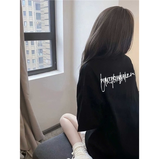 黑色纯棉短袖t恤少女大童夏季2025新款初中学生宽松潮牌半袖上衣