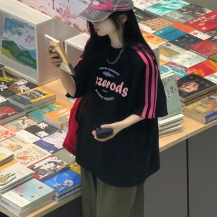 复古三条杠圆领纯棉短袖T恤女大童2025夏季初中高中生宽松上衣潮