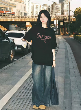短袖t恤女夏季黑色2025新款爆款纯棉宽松半袖圆领美式体恤上衣潮t