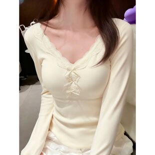 蕾丝V领德绒打底衫女士春装内搭短款小衫修身磨毛上衣加绒保暖T恤