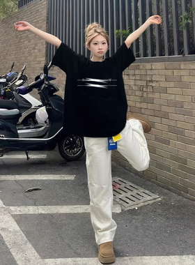 黑色纯棉t恤女短袖夏季2025新款宽松半袖美式复古高级感百搭上衣